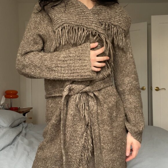 Vintage y2k Le Chateau Fringe Knit Long Cardigan w Tie - Picture 8 of 11